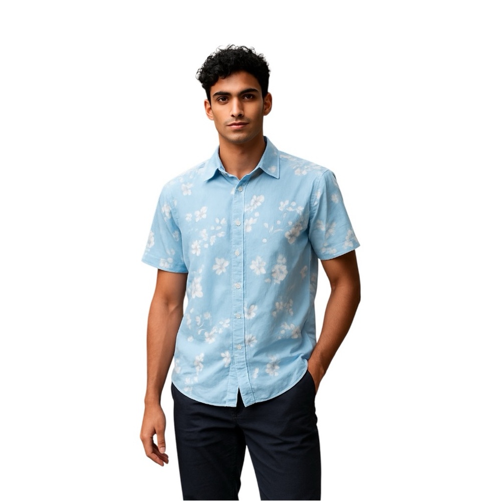 Denim & Flower tropical coastal travel Floral button down baby blue shirt size m - Picture 1 of 13